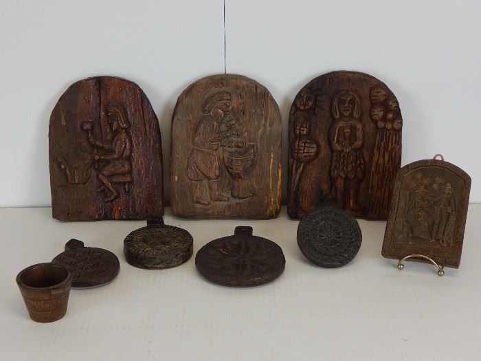 An interesting series of 3 wooden carved occupational plaques-not sure of derivation but similar to ones at Mercer Museum,Doylestown,Pa,  variety of butter prints, small carved bucket