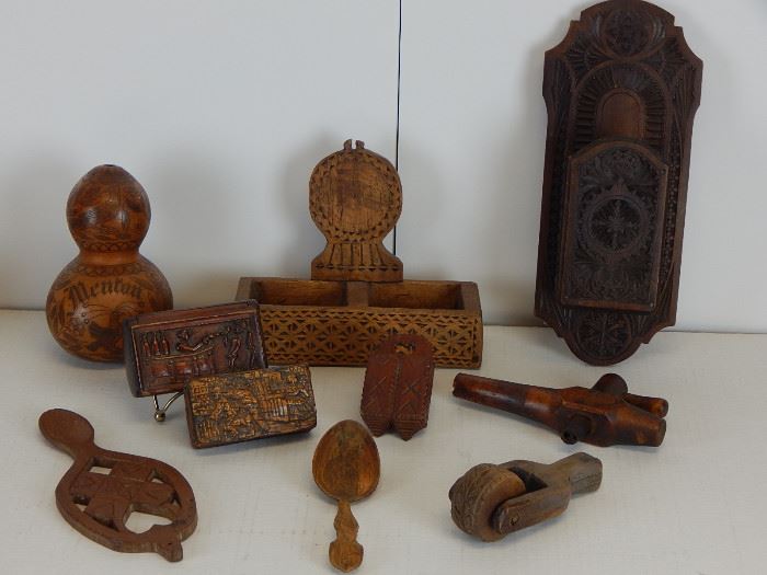 Pa Dutch folk art carved gourd, chip carved hanging  basket, Victorian carved hanging wall pocket, two  folk art snuff boxes, a cigarette tobacco measuring spoon with carved Victorian gentleman 