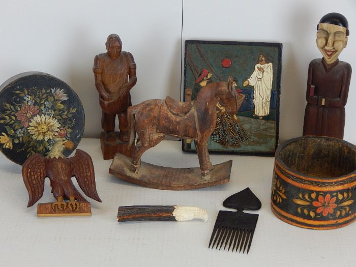 Fine 19th century painted box, selection of primitive folk carvings, an ebony hair comb that we believe to be from a ship builder in New England