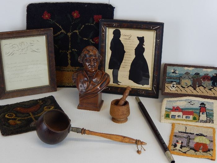 A series of "Grenfell" style miniature rugs, an early fife, period silhouettes in a wonderful Eastlake frame, a nautical coconut dipper with turned handle, Washington bust-Art Metal Works,1931