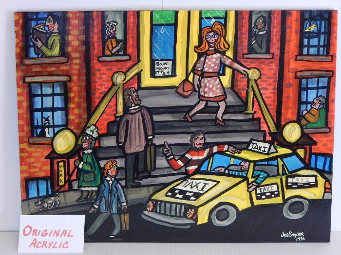Original acrylic on board by Jess Snyder from New York depicting a bank robbery in Albany,NY in which the robber wanted the cab he rode in to wait for him while he went in to rob the bank!