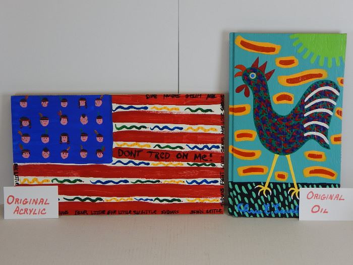 An original painting on board signed Myrtle depicting Indian faces as stars in an American flag with the "One little Indian,Two little Indians,Three little indians" theme around the outside and Don't Tread on Me in the center- obviously some sort of statement. The Rooster is by well known Georgian folk artist, Chris E. Lewallen on board.