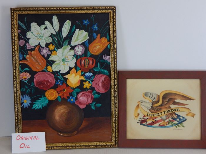 Original very folky flower painting from Maine and a eagle theorem painting on velvet by NJ artist Dolores Sheppard