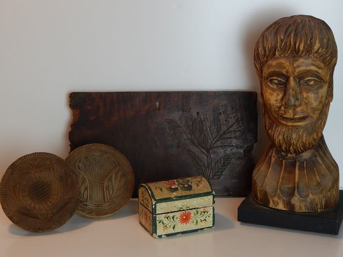 Two butter prints added for this sale, an early small gessoed and painted dome box probably from  Schoharie County,NY, a simple carved panel from a  19th century box depicting a very folky  Pa style tree and bird scene and a 1976 carved bust from Lancaster County