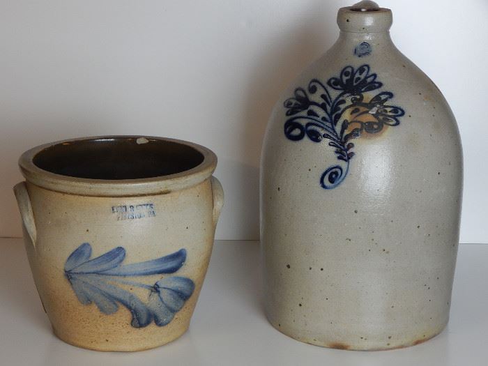  Two further stoneware additions - a small pot marked Evan R Jones ,Pittston,Pa and a 2 gallon jug,unmarked but with an elaborate and dark stylized flower