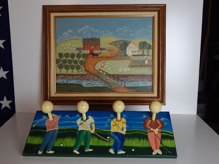 A quirky hanging coat rack for golfers and an early original oil painting by Betty Caithness  who became well known for her selling of  Folk Art patterns and books