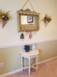 updated Victorian table, wall decor mirrored shelf with coat hooks