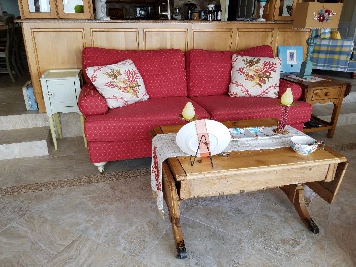 rustic drop leaf coffee table, upholstered sofa