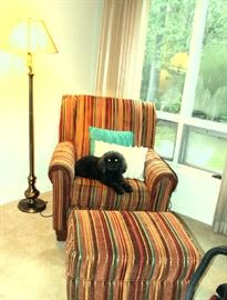 The stripe club chair with the ottoman and my sweet "Smokey" waiting to greet his guests.