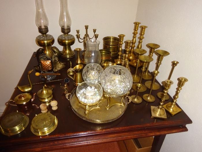 Brass Items and wooden card table