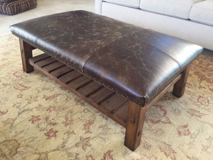 Pottery Barn "Caden" Leather and Wood Ottoman