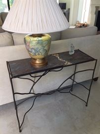 Metal Table with Slate and Pebble Top ~ Glass Figural Lamp