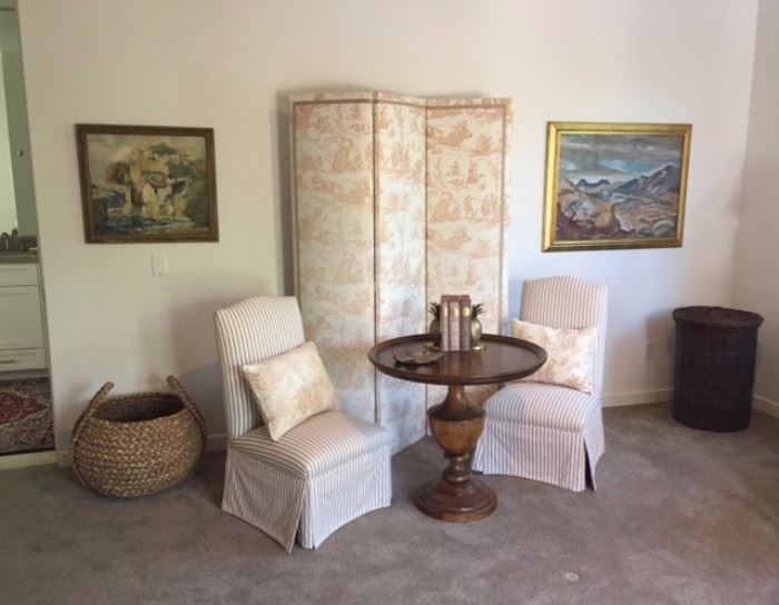 Toile Folding Screen with Slipper Chairs