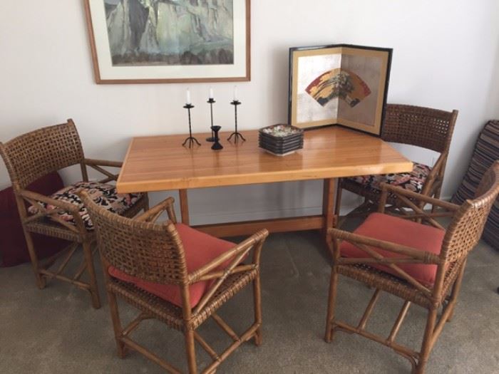 Bamboo and Maple Trestle Table ~ Bamboo and Leather McGuire-style Arm Chairs