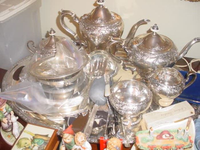 Stunning Sterling Silver tea and coffee, with creamer, sugar, tray, and accessories and all matching set. Many other sterling items such as plates, bowls, serving pieces, flatwear, and SO MUCH MORE!!