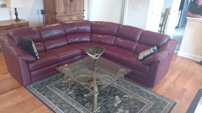 Nice Burghandy Sectional Wrap-Around Couch with Recliners on each end, Area Rug, Glass Top Coffee Table