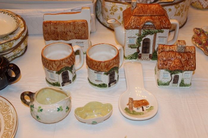 Otagiri cottage tea set, Belleek creamer and small sugar.