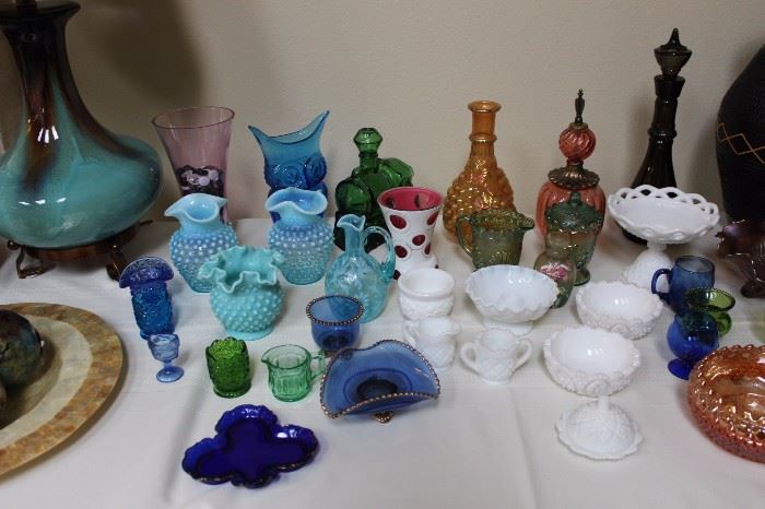 Fenton, Fostoria and Milk Glass, Depression and Carnival glass. Cobalt vase and glass bowl, hobnail Fenton vases.