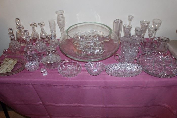 Fostoria. Pressed and cut glass. Punch bowl, vases, nappys, cruets, stems, bud vases, decanters.