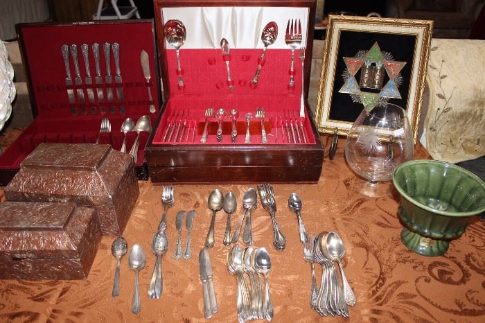 Silver plate flatware sets and partial sets. Judaic art, decorative boxes, hager pottery, eed and barton silver plate.