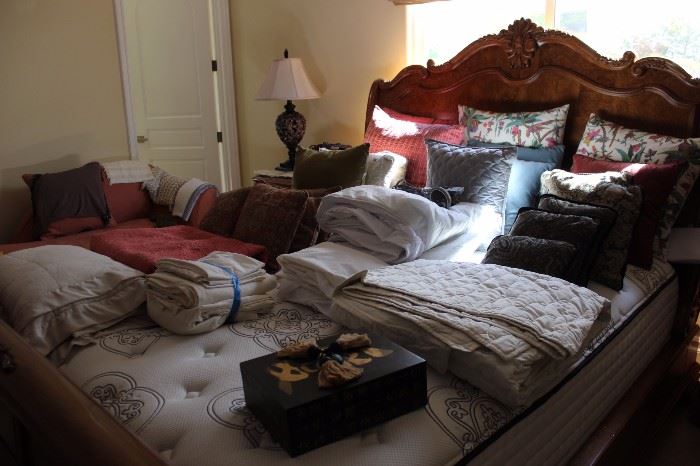 Bed linens, cushions, comforters, heated mattress pad.