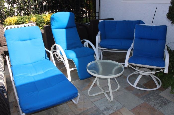 Sun lounger, swivel chair, glider loveseat, end table patio furniture.