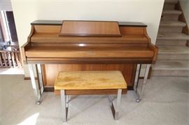 Mid Century Modern Kimballs Exclusive Piano, Chrome Legs with Cast Ball Wheels. Comes with Bench and Music