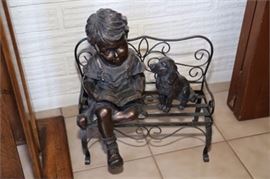 Child reading to Dog on Bench, Bronze finish on Metal