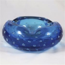 Mid Century Blue Art Glass Ash Tray