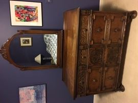 AMAZING SOLID fruit wood dress with matching headboard and foot board.  Craftsmanship is amazing.  Early 1900s from estate of childless couple.  lovely to see and feel!!!
