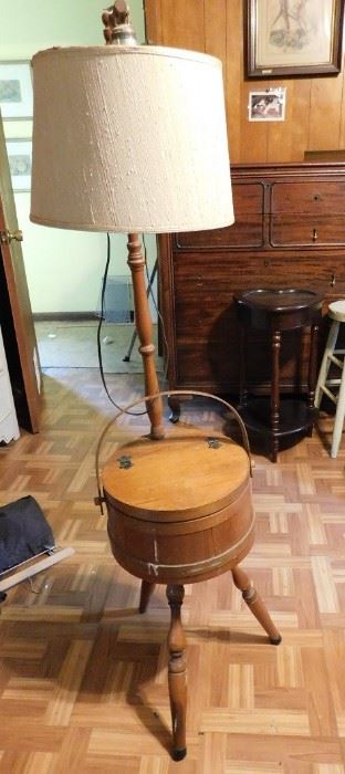 Oak Bucket Sewing Bin and Lamp