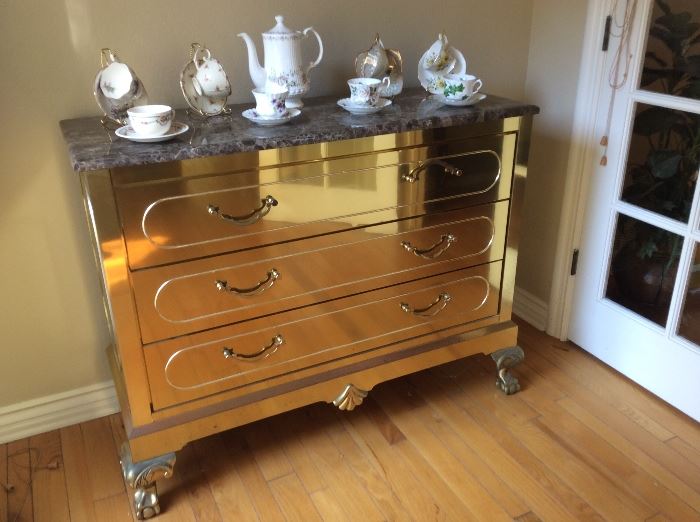 Marble topped Gold metal dresser