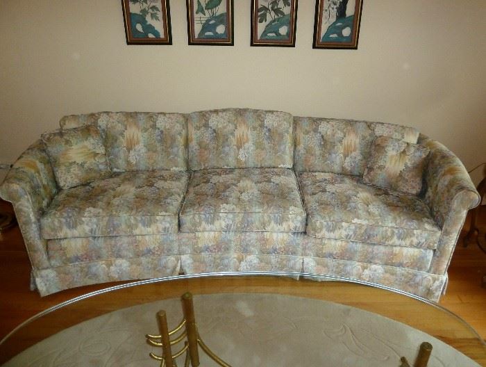 Vintage pillow back sofa, curved arms, soft floral upholstery, by Michael Angelo Interiors, Arlington Hts.