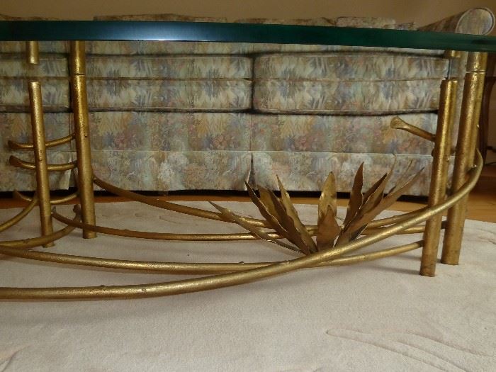 Awesome, Lotus Hollywood Regency oval glass top coffee table.  Gilded metal base with lotus flower, by Silas Seandel.  3/4" thick glass.