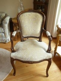 Vintage arm chair, solid mahogany relief carved frame, ivory velveteen, floral embroidered, upholstery.