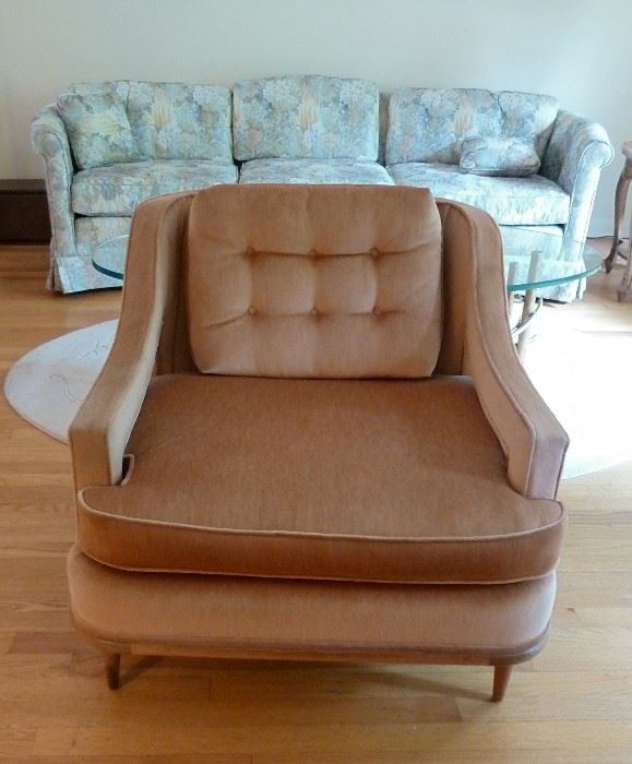 Mid Century arm chair, velour fabric, curved geometric arms, pencil legs.  Very interesting lines.