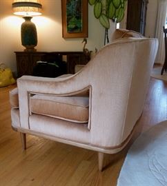Mid Century arm chair, velour fabric, curved geometric cut-out arms, pencil legs.  Very interesting lines.