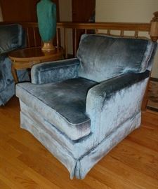 Pair of silk-blend velveteen arm chairs, pillow back, smoky blue.
