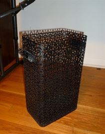 Mid Century modern pierced black metal trash can, 15-1/2" tall