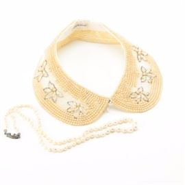 Vintage Pearl Necklace and Beaded Collar: A vintage pearl necklace and beaded collar. This pair features a cultured pearl necklace connected by an 800 silver clasp, and a beaded collar featuring pearl like beads.