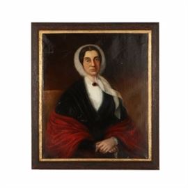 Samuel Hawksett Oil Painting on Canvas "The Marchioness of Donegall": An oil painting on canvas titled The Marchioness of Donegall by Samuel Hawksett (British, 1776-185) executed in June of 1837. Depicted is a portrait of the marchioness, Anna May (?-1849), the wife of Sir George Augustus Chichester (1769-1844), 2nd Marquess of Donegall. Anna May was styled as Marchioness of Donegall on January 5, 1799. Here she is shown in her elder years with a lace bonnet, black dress, and red shaw wrapped around her arms. She gazes outward with blue-grey toned deep set eyes and tightly pursed lips. To the verso is an inscription, ‘The Marchioness of Donegall/ Painted by Samuel Hawksett/ Inver Laine June 1837.’ George Rowney & Co stamp to the verso, ‘Growney & Co. Manifacturers, 61 Rathbone Place, London.’ Presented without glass and housed in reeded gesso frame decorated with black lacquer and a gilt sight.