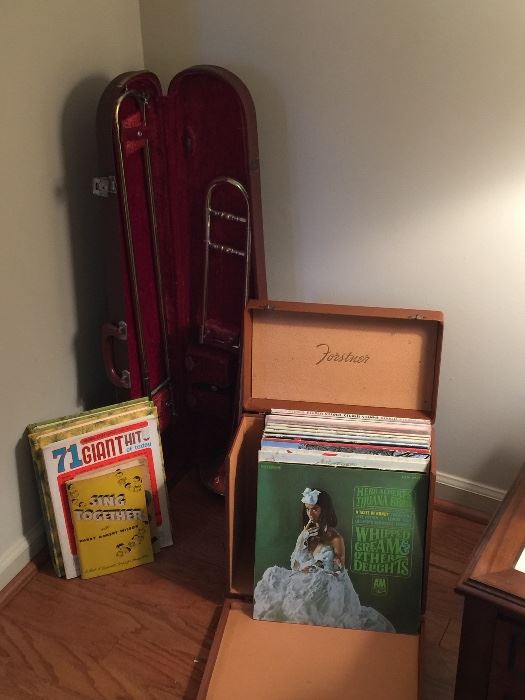  Antique trombone and sorted album sets