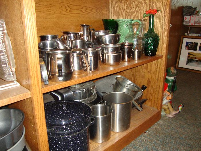 Restaurant quality stainless steel prep, bakeware, and serving pieces; enameled stock pot