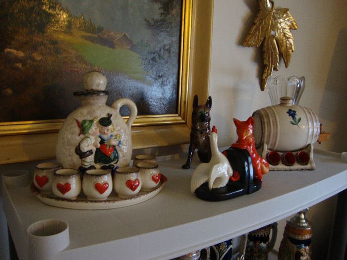 Decanter and liquor sets, goose and fox bookends, Dresden German Shepherd dog