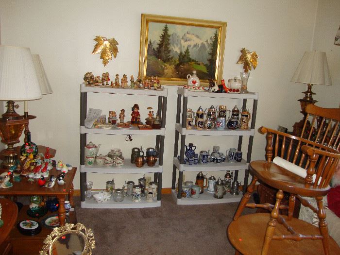 Maple Windsor chair, German figurines including Hummels, German beer steins