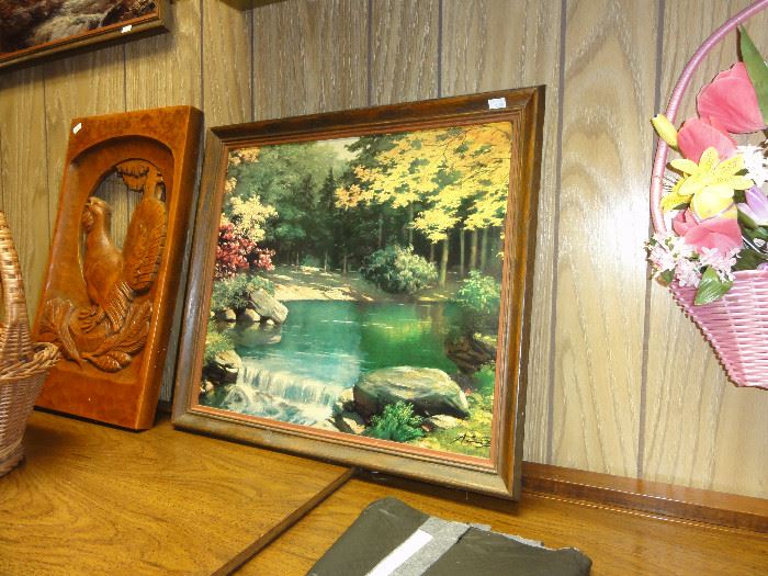 Carved wooden wildlife wall decor, framed landscape art