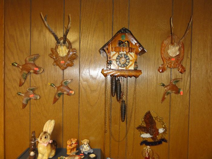 Cuckoo clock, vintage duck wall decor, mounted antlers, Steiff stuffed bunny