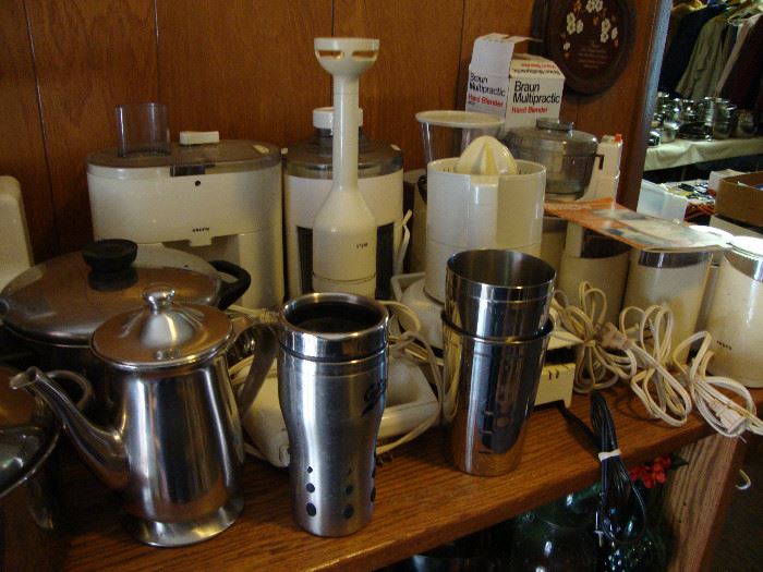 Restaurant quality stainless steel prep, bakeware, and serving pieces; small appliances including immersion blender, coffee grinders