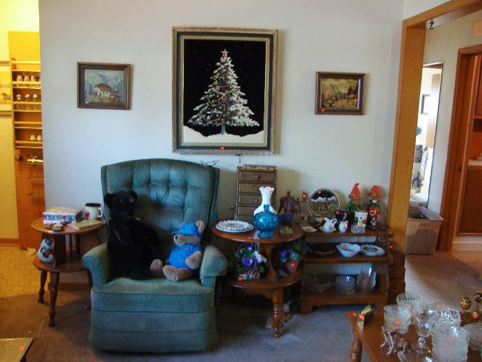 Upholstered chair; maple end tables; fabulous, vintage, framed Christmas tree
