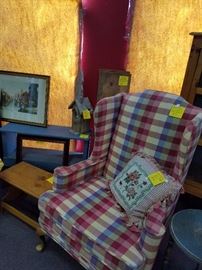 One of several nice upholstered arm chairs and vintage stools, benches, and shelving.